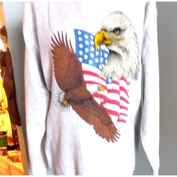 Vintage Bald Eagle American Flag Crewneck Sweatshirt Large Gray Cotton Grove - Picture 7 of 7